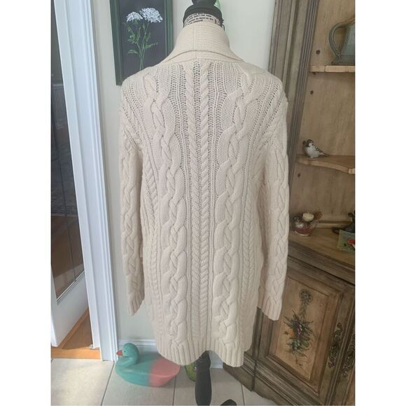 Lands End Ivory Thick Wool Fisherman Cardigan Sweater Shawl Collar - Picture 2 of 8
